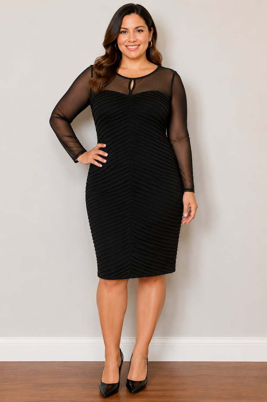 Calvin Klein Black Sheath Dress Size 12 Mesh Long Sleeve Pleated Cocktail